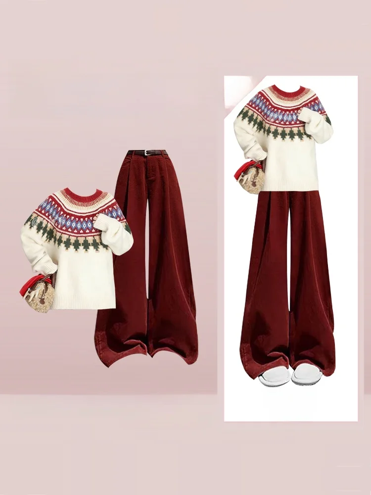 

Красный вязаный свитер и брюки с широкими штанинами: модный комплект для женщин в винтажном стиле Fair Isle, осенне-зимний сезон, брюки с высокой талией.