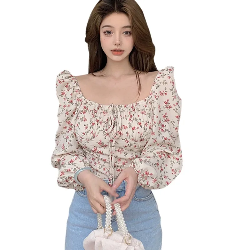 Women Blouses Slim Floral Print Lantern Sleeve Elegant Chiffon Shirts Female Sweet Square Neck Leisure Shirt Blouses Clothes