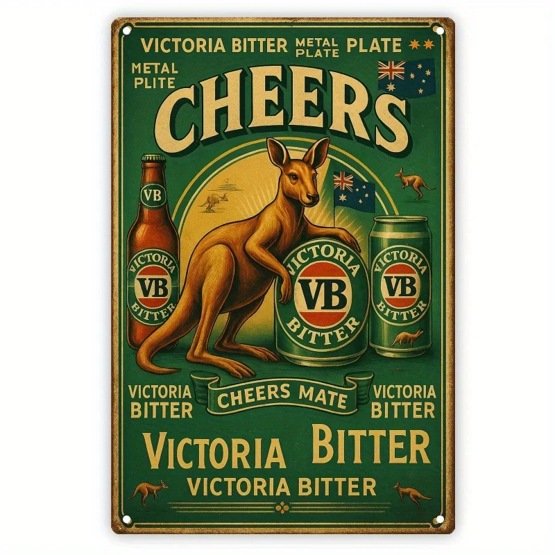 Vintage Victoria Bitter Beer Metal Sign - Iron Wall Art with Kangaroo & VB Logo, Retro Pub Decor for Man Cave, Bars, Outdoor