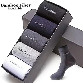 Chaussettes en Fiber de bambou naturelle pour hommes, 5 paires/lot, décontractées, d'affaires, antibactériennes, respirantes, à Tube moyen, livraison rapide