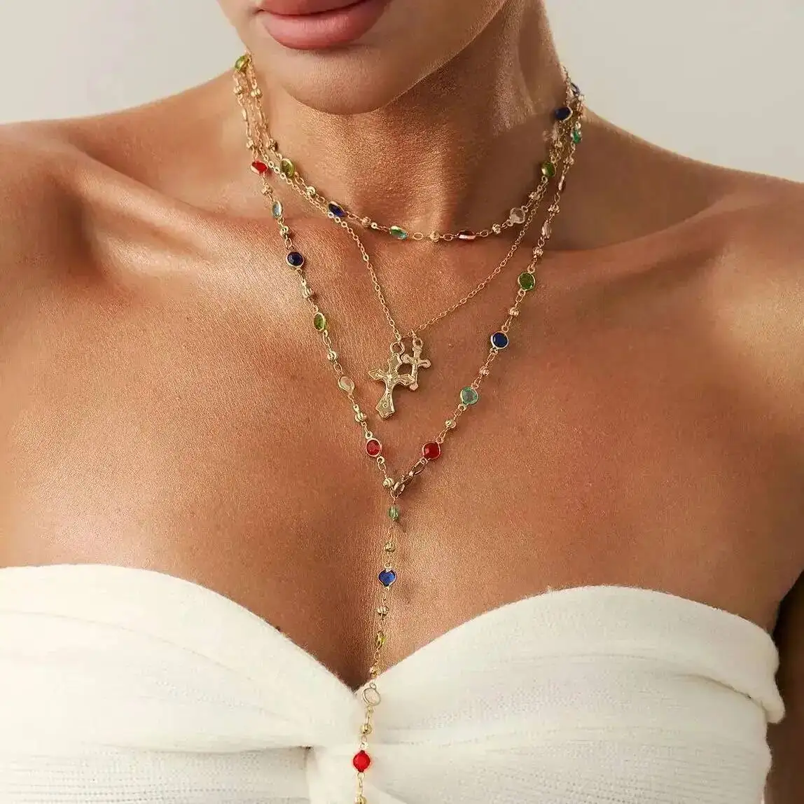 

KunJoe 3 Pcs/Set Elegant Colourful Crystal Tassel Chain Necklace for Women Vintage Cross Long Pendant Necklace Lady Neck Jewelry