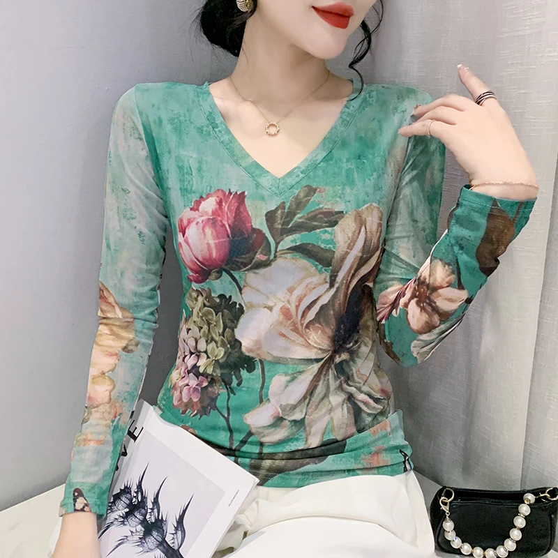 Autumn Winter Fashion Gauze Net Positioning Flower Long Sleeve Bottoming Shirt V-neck T-shirt Slim Slim Print Tops