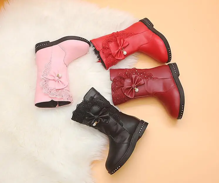 Children\'s Snow Boots New Winter Girls Mid-calf Lace Bow Zip with Plush Warm Waterproof Leather Boots Kids Princess Tall Boots