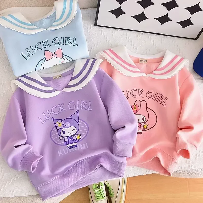 

Толстовка Sanrio с героями мультфильмов Kuromi для девочек, осень 2024, детский темно-синий свитер MyMelody Cinnamoroll с воротником, детская одежда с длинными рукавами