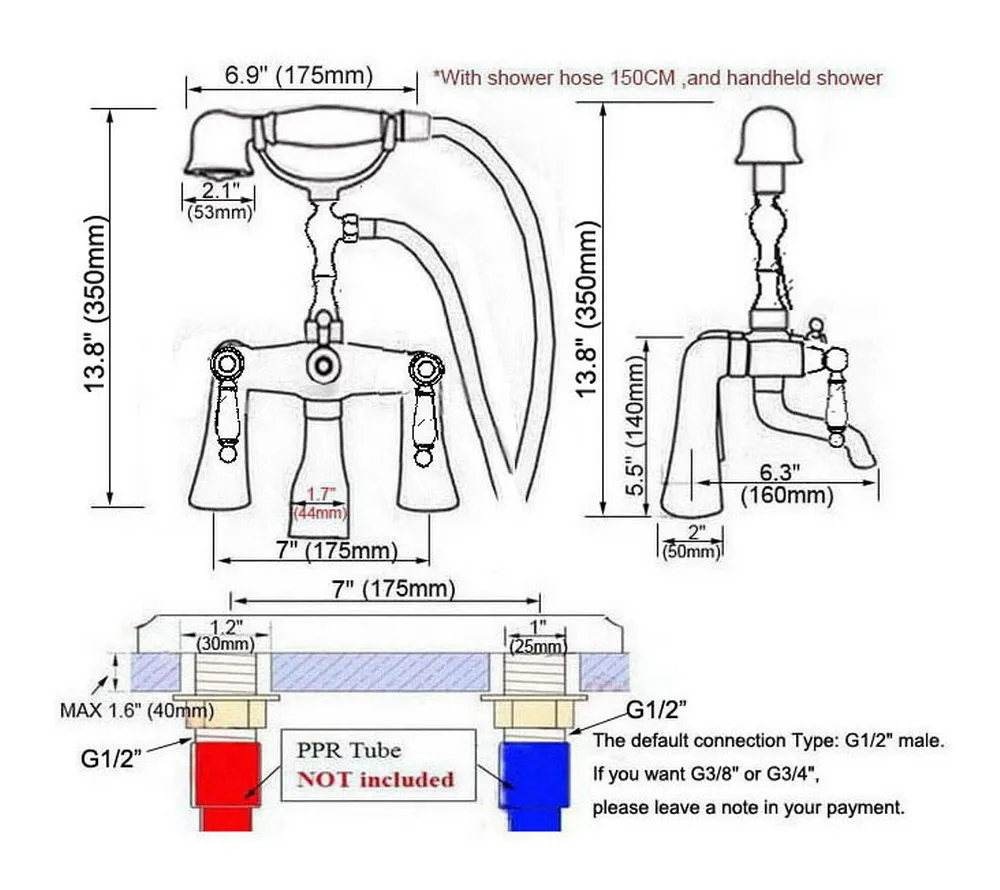 Polished Chrome Brass Double Handle Deck Mount Bathroom Bath Tub Faucet Set with Hand Held Shower Spray Mixer Tap 2na113