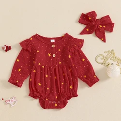 BeQeuewll Soft Cotton Linen Baby Girl Romper Cute Star Print Long Sleeve Crew Neck Bubble Infant Jumpsuit Headband for Christmas