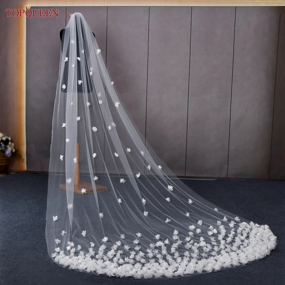 TOPQUEEN V93 Wedding Veil with 3d Flowers Cathedral Mantilla High Quality Bridal Veil Flowers Bridal Veil Soft Tulle Veil