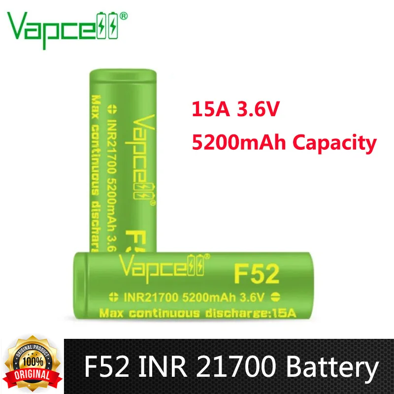 

Оригинальный аккумулятор Vapcell F52 INR 21700, емкость аккумулятора 5200 мАч, 15 А, 3,6 В, перезаряжаемая литиевая батарея для аккумуляторного блока VapeMod