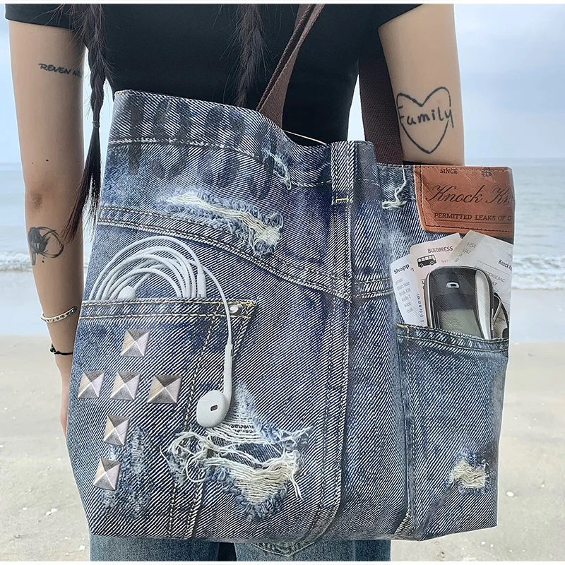 Reversible PVC-Schultertasche mit beidseitigem Druck, Retro-Denim-Print, wasserdichte Einkaufstasche mit großer Kapazität, leichte Einkaufstasche – Detail 18