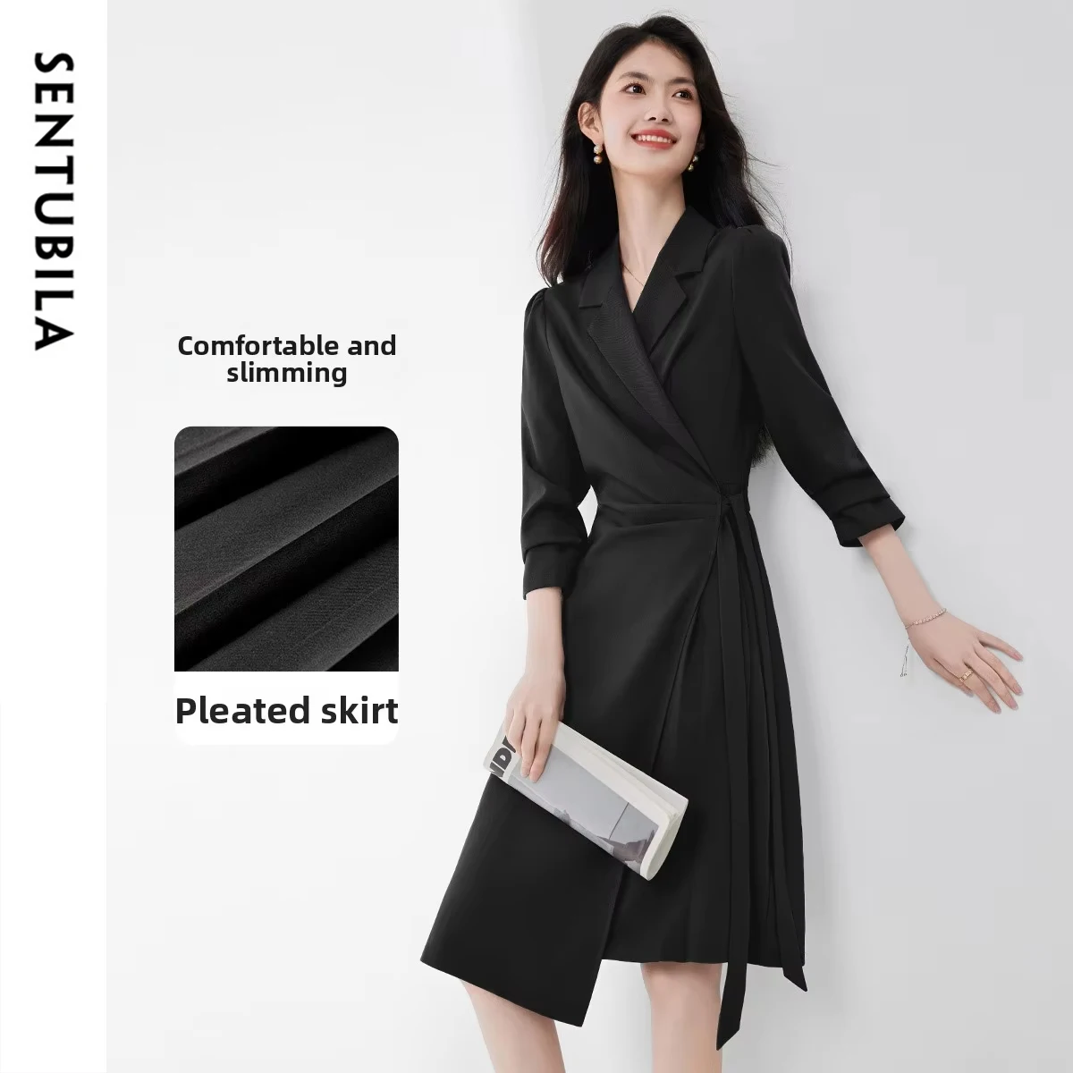 

SENTUBILA Blazer Dress Women's 2025 Autumn Long Sleeve A-Line Office Dresses with Tie Waist Elegant Lady Irregular Hem 153LC2684
