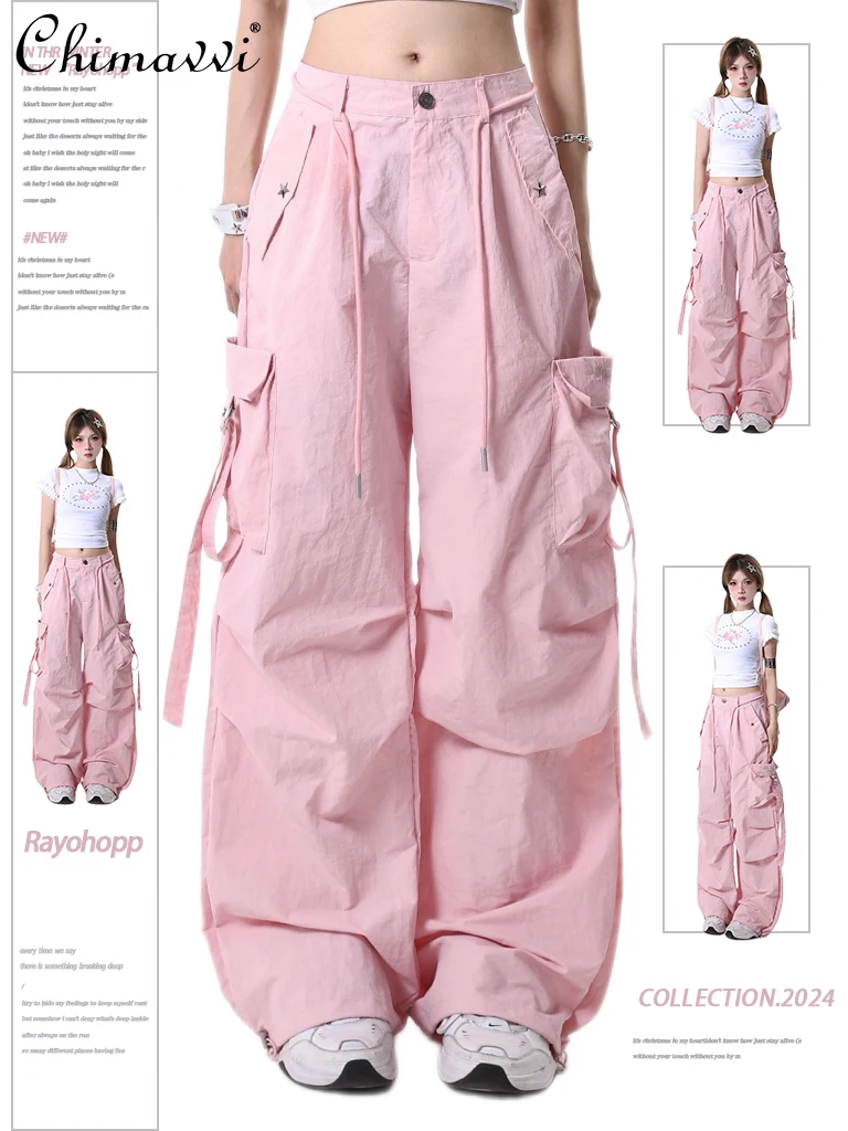 Pink Overalls Women's Autumn Fashion Brand Retro Three-dimensional Pocket Strap Design Functional Style Girls Straight-leg Pants