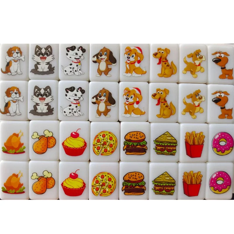 64 Pcs Food and Ball Flag Pattern Mahjong with Animals Mahjong Board Game Single and Double Play Kids Learning Educational Toys