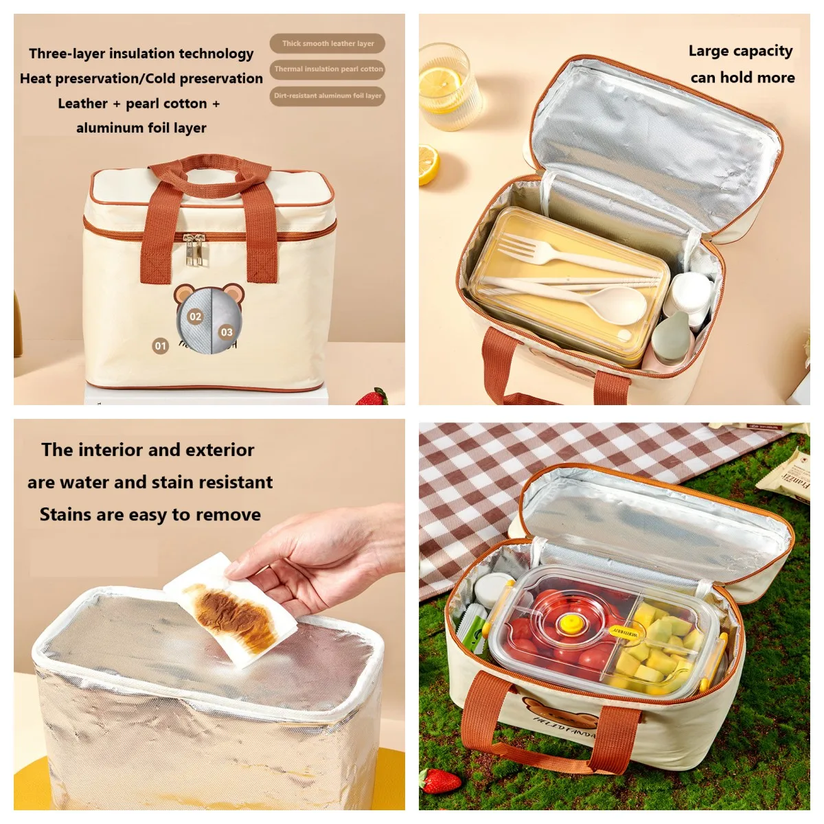 Lunch Bag Leather Bear Kids Large Capacity Bento Pouch for Children Thermal Insulated Cooler With Tableware Cup Tote Picnic Box