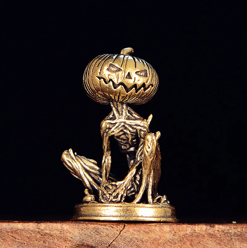 Brass Pumpkin Skeleton Figurine Halloween Mini Statue for Desk Tea Pet Decoration Home Decor