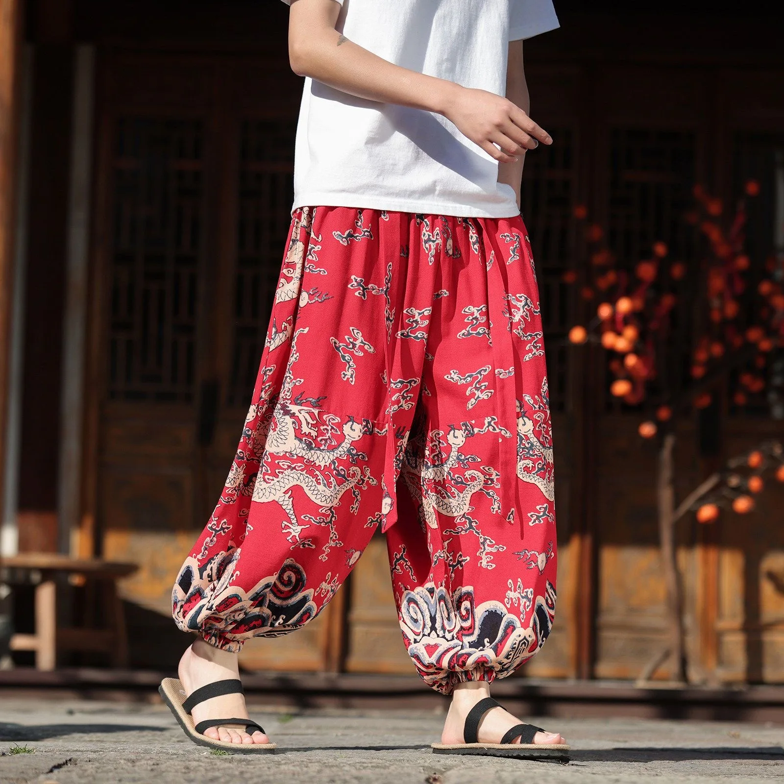 Male Chinese Dragon Print Harem Pants Men Ins Chic Y2K Trendy Loose Trousers Gentlemen Summer Senior Vintage Party Club Pantalon