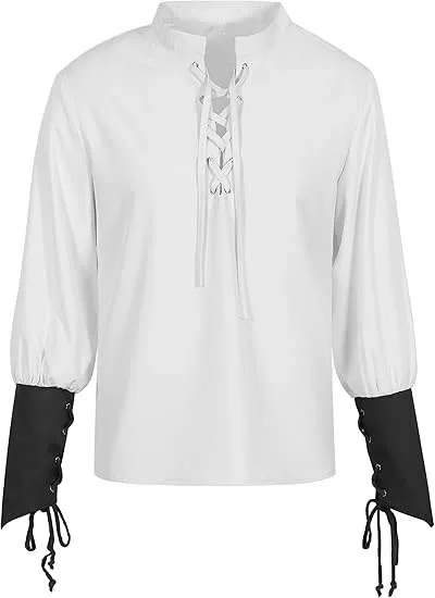 قميص رجالي من عصر النهضة في العصور الوسطى برباط علوي قميص قرصان Steampunk عتيق بأكمام طويلة زي فايكنغ #4