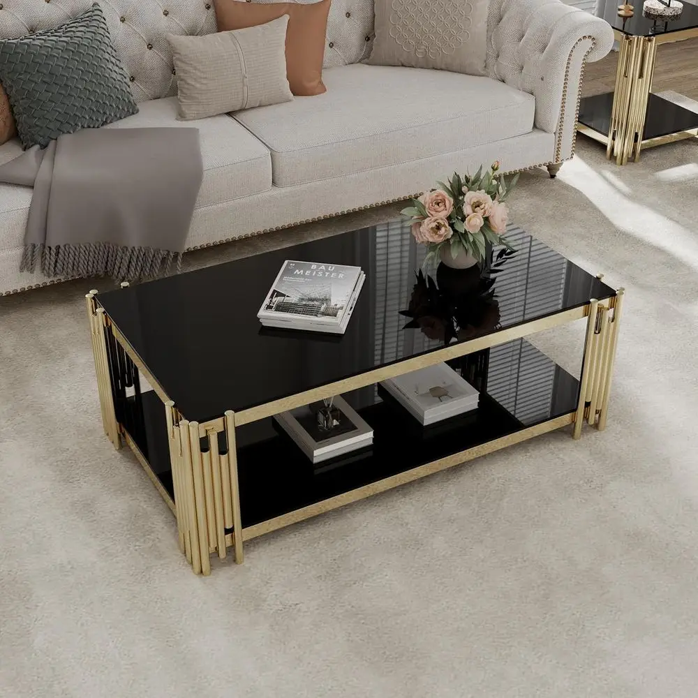 

Modern Black Tempered Glass Top Coffee Table with Gold Stainless Steel Frame for Living Room