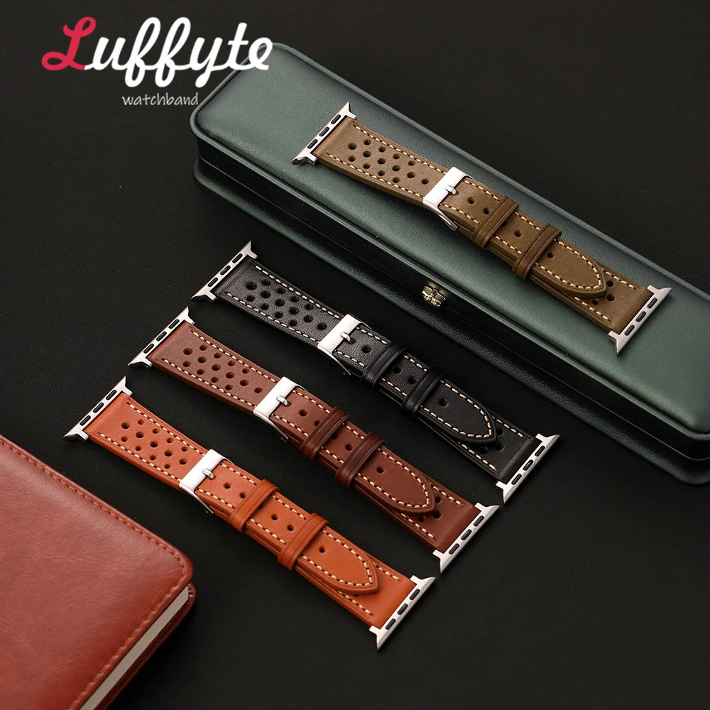 Men Retro Oil Wax Leather Watch Strap for iwatch 38-49mm for Apple Watch 1-11 Ultra SE 3 2 1 Breathable Porous Watchbands