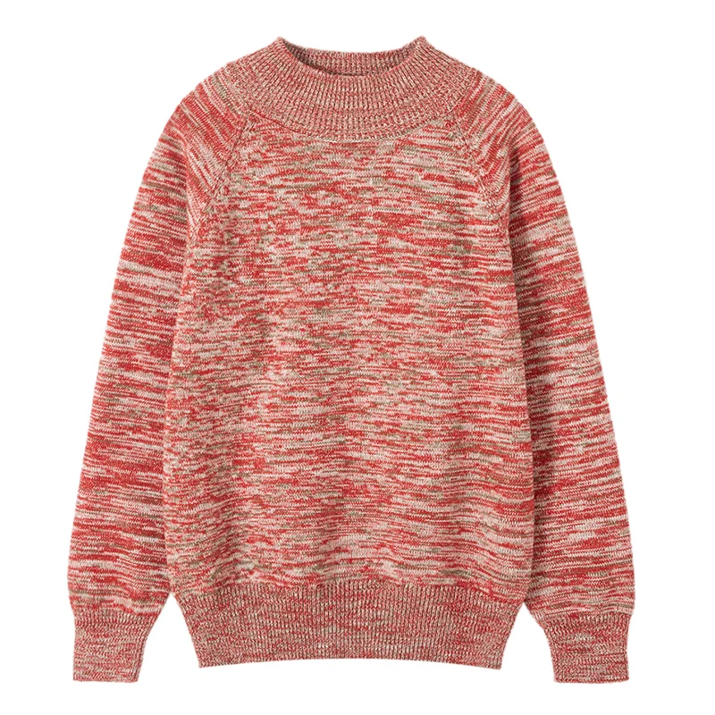 Retro Mixed-Color Half-High Collar Raglan Sleeve 100% Cotton Knit Sweater For Women Loose Pullover Thick Versatile Base Top