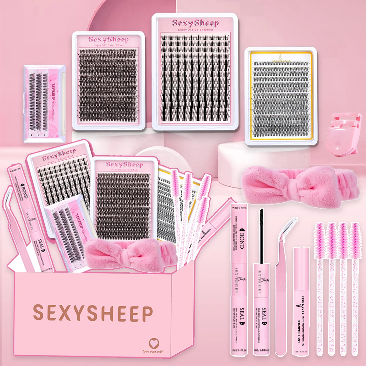 Zestaw do przedłużania rzęs Diy Lash Extension Kit Eyelash Cluster Individual Lashes Kit Lash Bond and Seal Lash Tweezers Remover Hair band Eyelash Gift Box