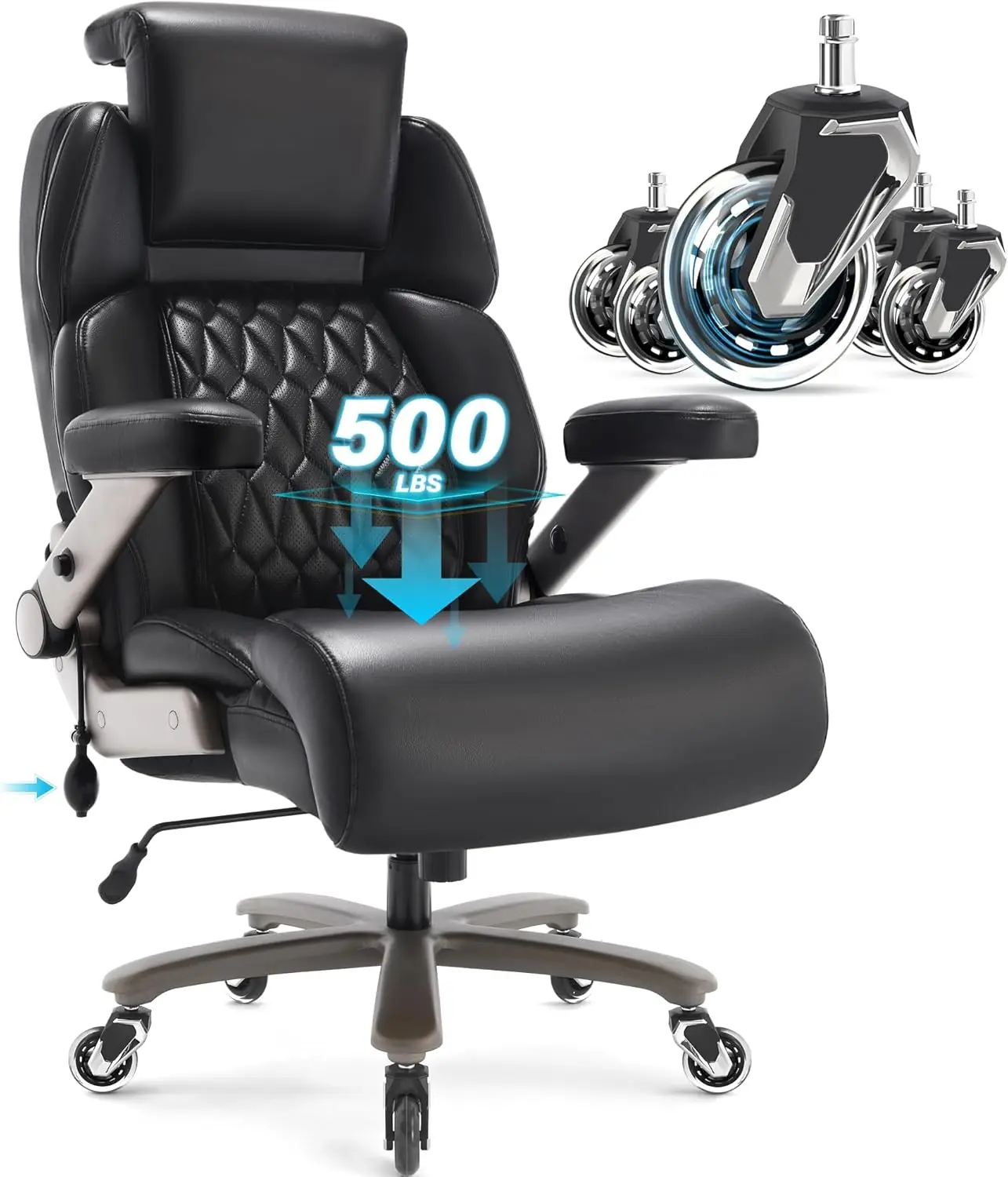 

Big and Tall Office Chair 500lbs - Adjustable Headrest&Lumbar Support, 3D Flip Arms, Large Wheels &Heavy Duty Metal Base,