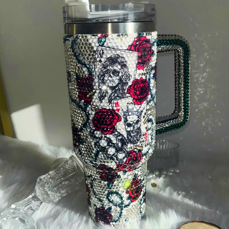 40oz Sparkle Crystal Hand Covered Ghost Queen & King Thermos Stainless Steel Tumbler with Lid & Straw,Car Camping Travelling Cup