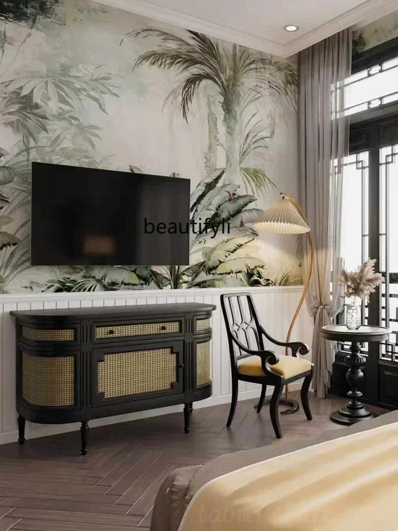 

K185 American-Style Retro Solid Wood Entrance Cabinet French-Style Mid-Ancient Oak Chest of Drawers Black Rattan Sideboard Cabin