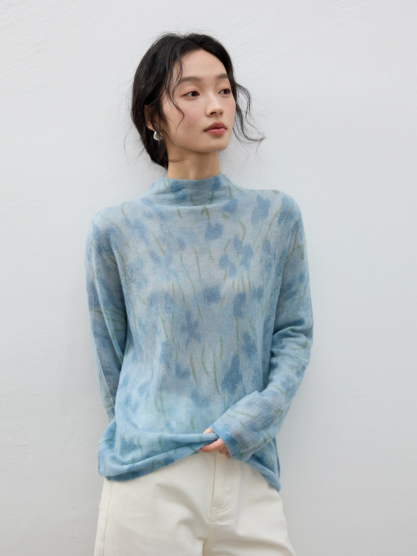 

Lightweight Woolen Knitted Top Women's Overhead Blue Spring Summer Base Shirt Casual Loose Fit Plant Floral Pattern