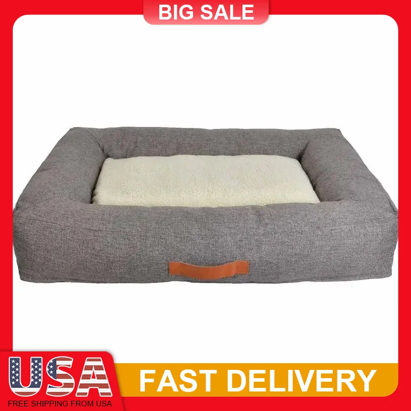 

Rectangular Bolster Faux Linen Dog Bed Soft Removable Washable Cover Attached Handle Comfortable Lounge Pet Bed