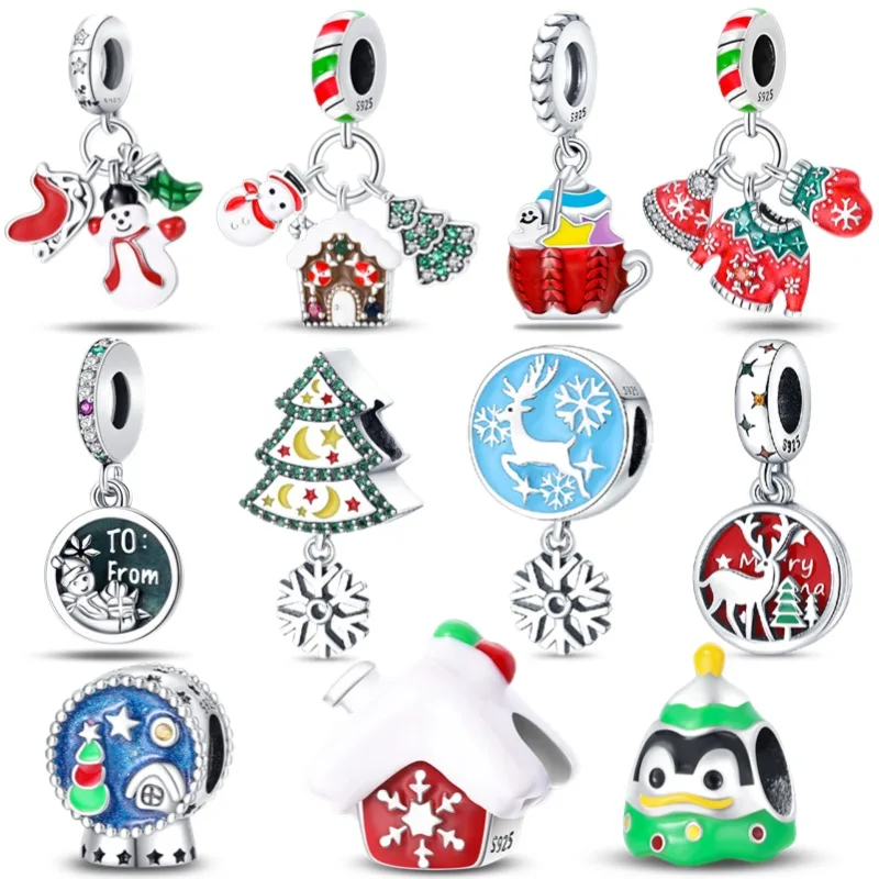 S925 Sterling Silver Winter Snowman Christmas Tree Pendant Charms Fit Original 3MM Bracelet For Women Birthday Jewelry Gift