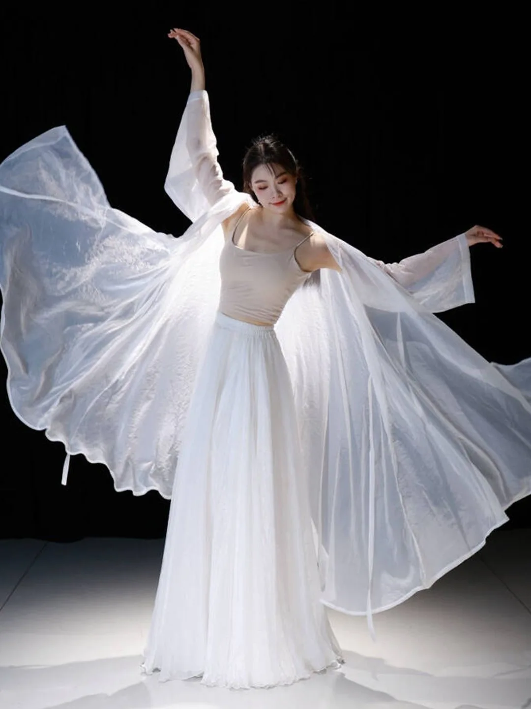 Elegant White Classic Dance Performance Outfit Women's Fairy Skirt Half-length Bell-bottomed Ensemble Stage Costume Set