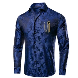 Navy Blue Mens Silk Shirts High Quality Paisley Long Sleeve Turndown Collar Brooch Shirt for Men Business Wedding Party Hi-Tie