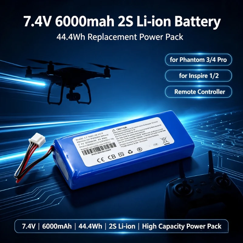 7.4V 6000mAh 44.4Wh 2S Li-ion Replacement Battery for DJI Phantom 3/4 Pro & Inspire 1/2 Remote Controller, High Capacity Power