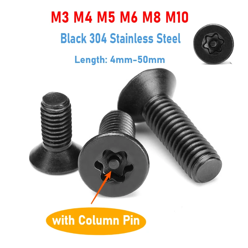 M3 M4 M5 M6 M8 M10 Black 304 Stainless Steel Torx Flat Countersunk Head with Column Pin Tamper Proof Security Bolt Screw