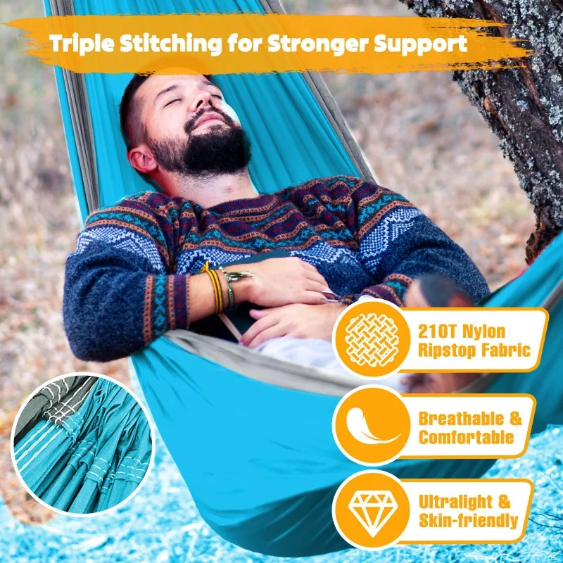 أرجوحة للتخييم في الهواء الطلق خفيفة الوزن ومطابقة الألوان لشخص واحد من النايلون مع أشرطة تعليق للسفر والمشي لمسافات طويلة