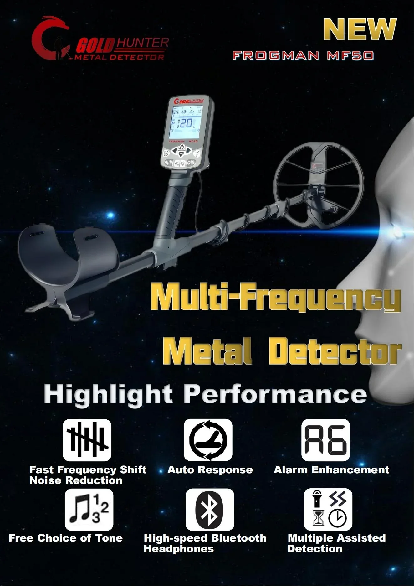 Detector de metais multifrequência MF50 Detector de metais subterrâneo de ouro com fones de ouvido sem fio