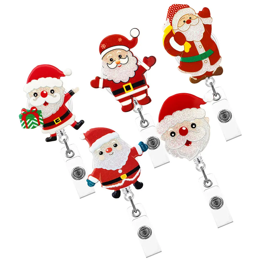 

5Pcs Cute Santa Claus Badge Reels Id Card Holder Acrylic School Nurse Key Ring Gift Set Id Card Holder