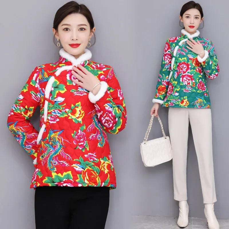 Loose Fit Plus Size Women's Stand Collar Thickened Cotton Jacket Fashionable Northeast Large Flower Women's Clothing Padded Top