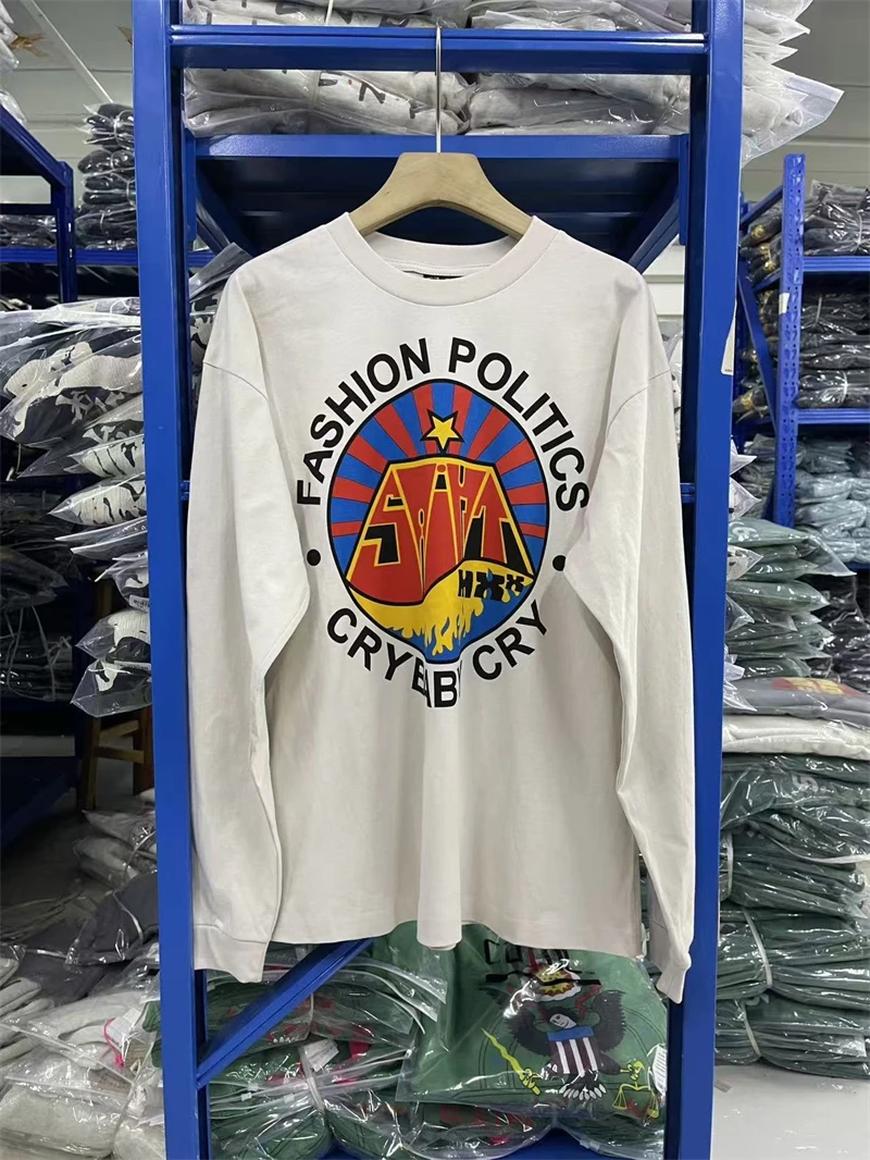 Vintage High Quality Saint Retro Street Patton Print Washed Long Sleeves Cotton Casual Loose For Men Women Rock Hip Hop Tops
