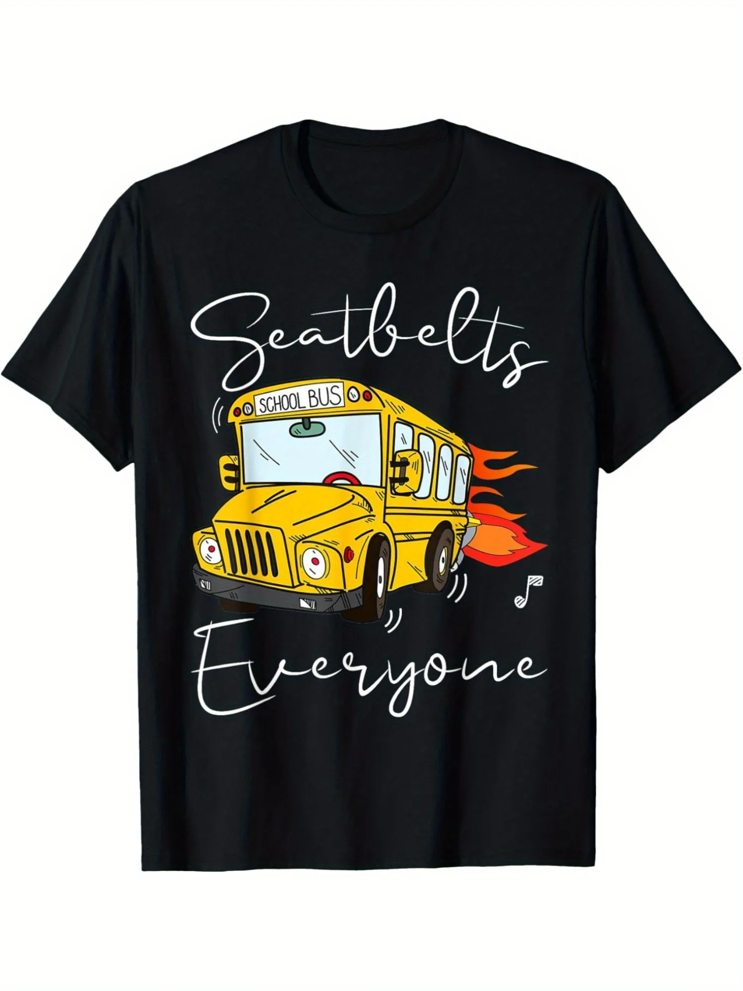 

Black T-Shirt with Seatbelt and School Bus Pattern, Awareness Cartoon Design Short Sleeves