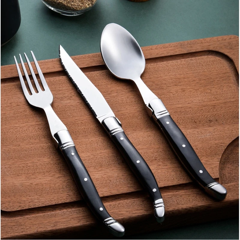 

Stainless Steel Laguiole Cutlery Set Black Wood Handle Luxury Steak Knife Fork Spoon Tableware Kitchen Flatware Serreated Blade