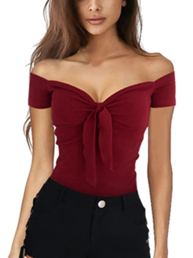 Letni jednokolorowy podstawowy swobodny krótki rękaw dekolt w szpic top na ramiączkach seksowna impreza na plaży slim fit t-shirty słodki styl odzież damska