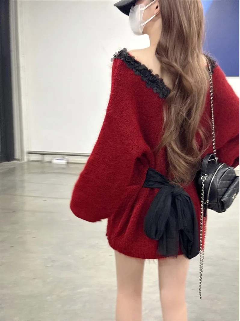 

Корейский свитер Sle V-Ne, женский свободный, мягкий, уютный, с завязками, зимний ленивый вязаный свитер, уникальный и красивый