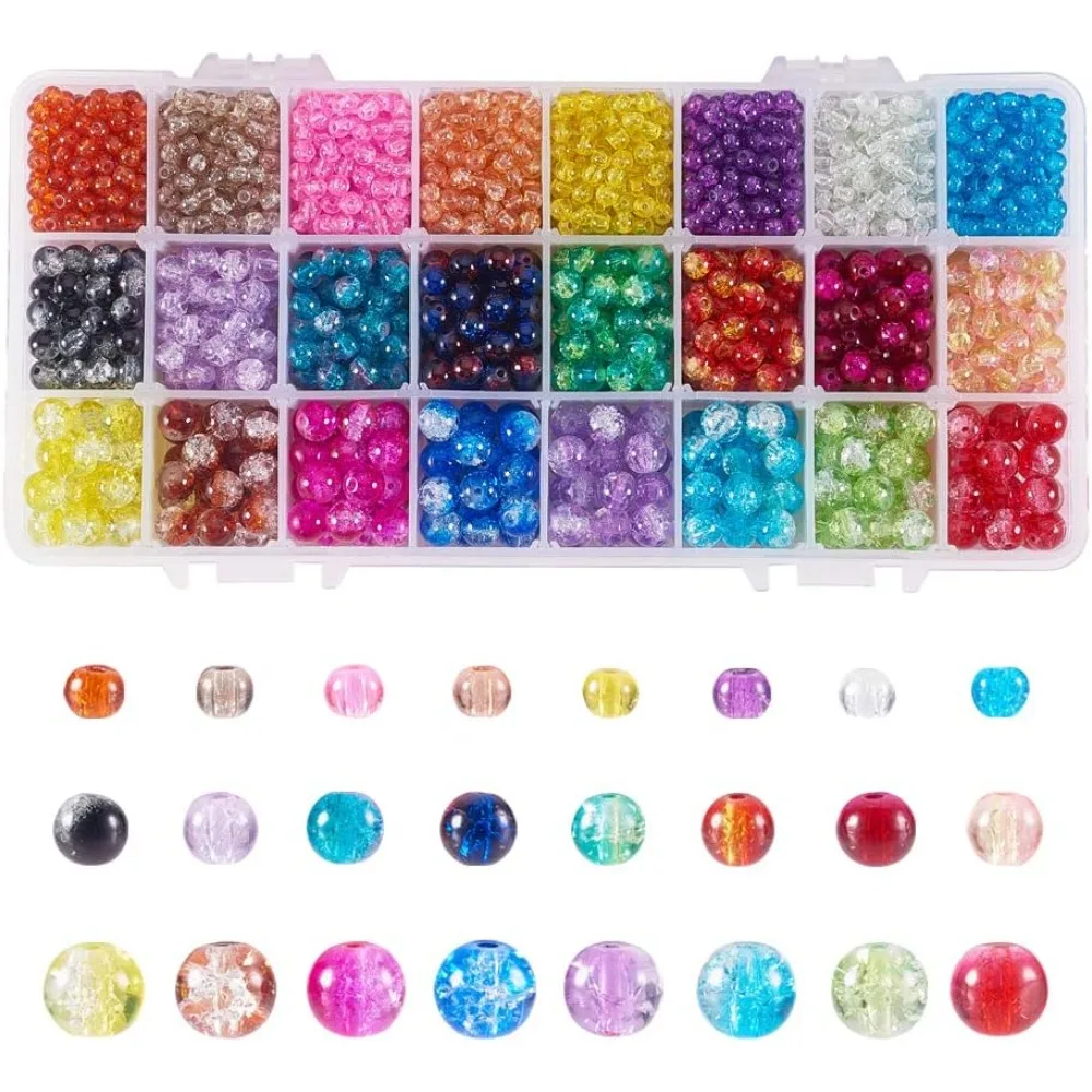 2720pcs Crackle Glass Beads 4mm 6mm 8mm 24 Color Glass Lampwork Beads Loose Spacer Beads for Summer Beading Friendship