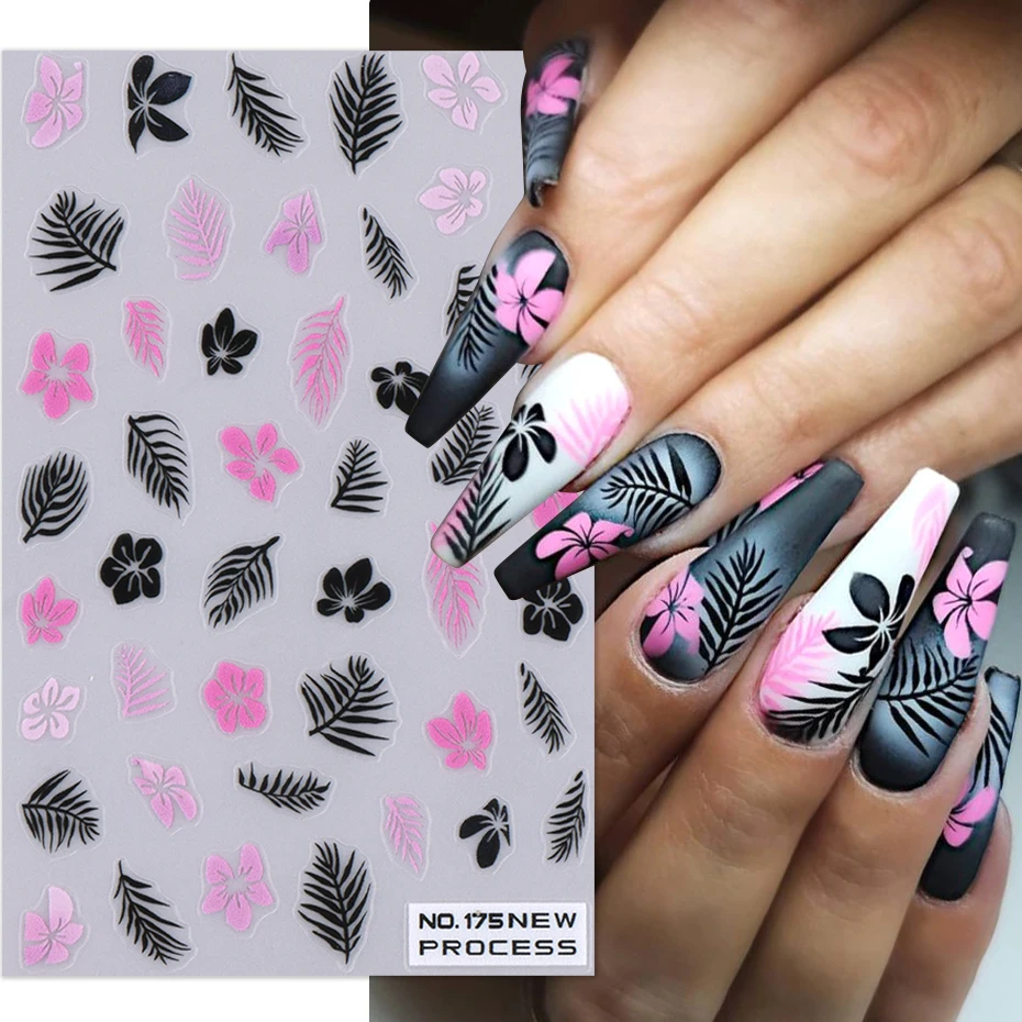 3D Flower Nail Stickers Pink Purple Petals Floral Flamingo Palm Tree Jellyfish Leaf Summer Slider DIY Nail Art Decoration Tips