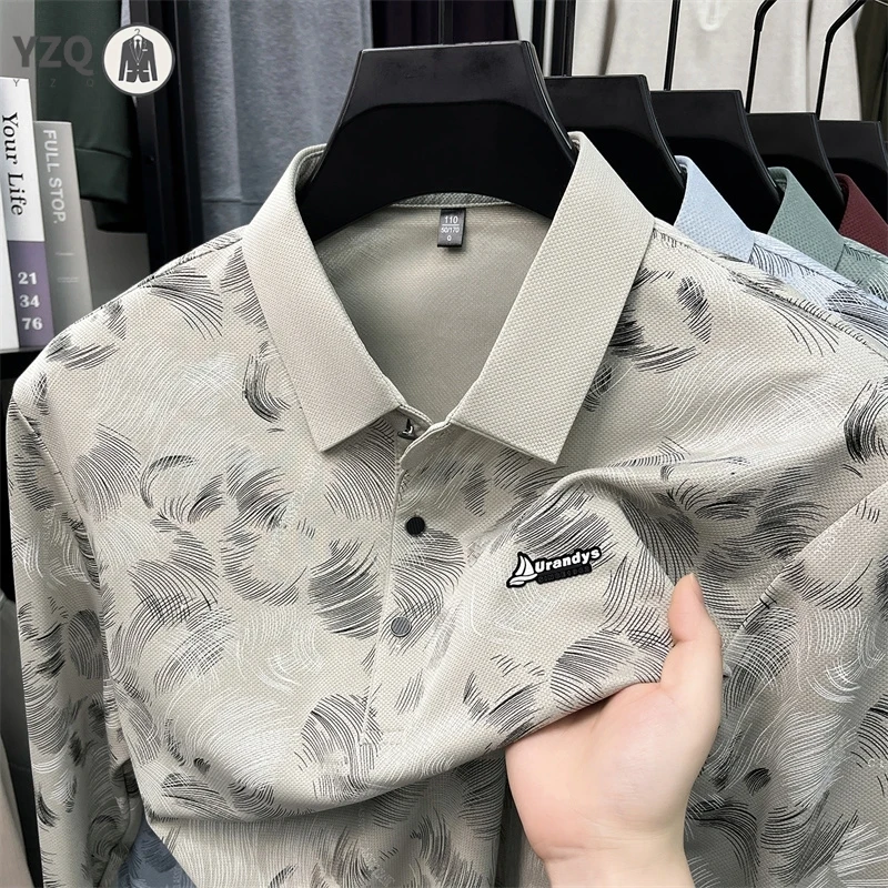 Mens Abstract Print Polo Short Sleeve Turn Collar Button Closure Light Mesh Fabric Daily Leisure Tops