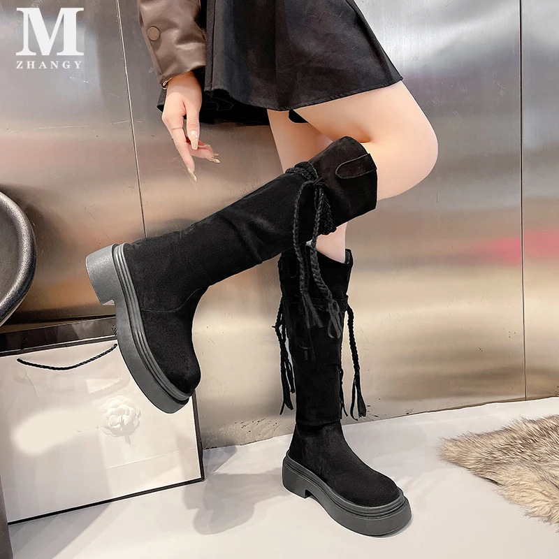 Botas de salto médio feminino de camurça, sapatos de plataforma, salto alto, gótico, casual, elegante, Chelsea, Designer, Tendência, Inverno, Moda, 2025