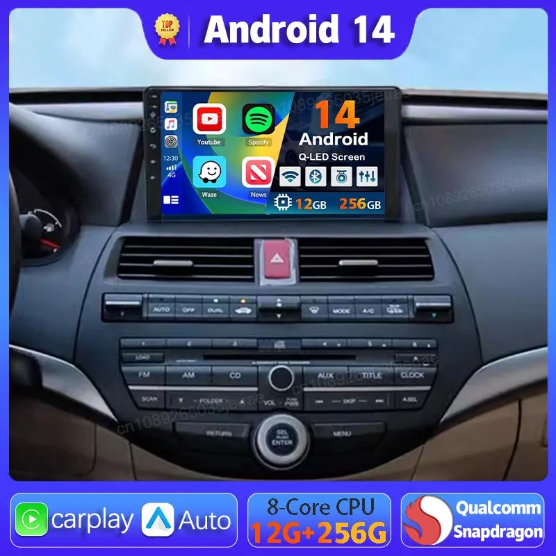 Android 14 Carplay Auto For Honda accord 8 2008 2009 2010-2013 Car Radio GPS Multimedia WIFI+4G Head Unit BT Video Stereo Player