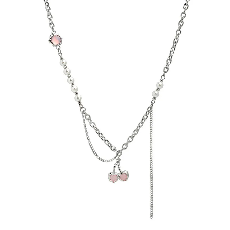 Pink Cherry Necklace Sweet Cool Imitation Pearl String Metal Splicing Collarbone Chain Women's Unique Design Daily Accessories
