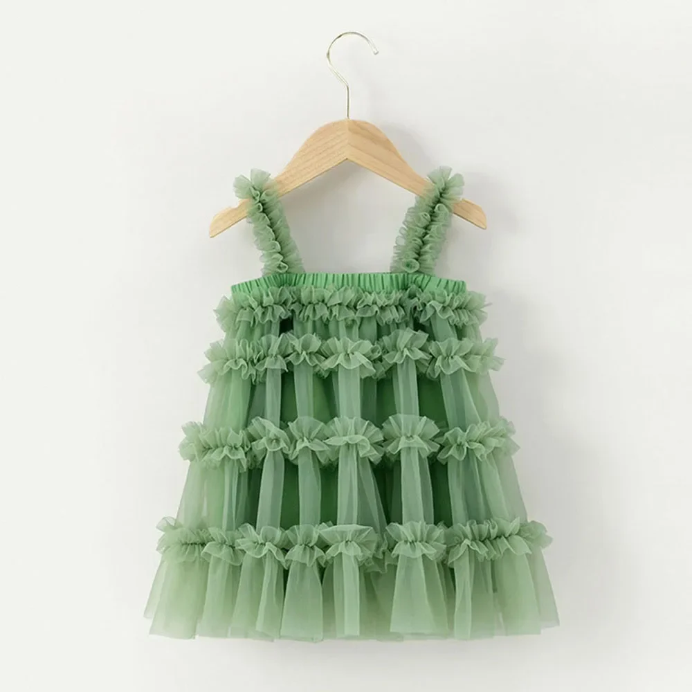 Baby Girls Tutu Dress Sleeveless Ruched Tulle Toddler Girl Princess Dresses Sling Solid Green Children's Gown 2-6 Years